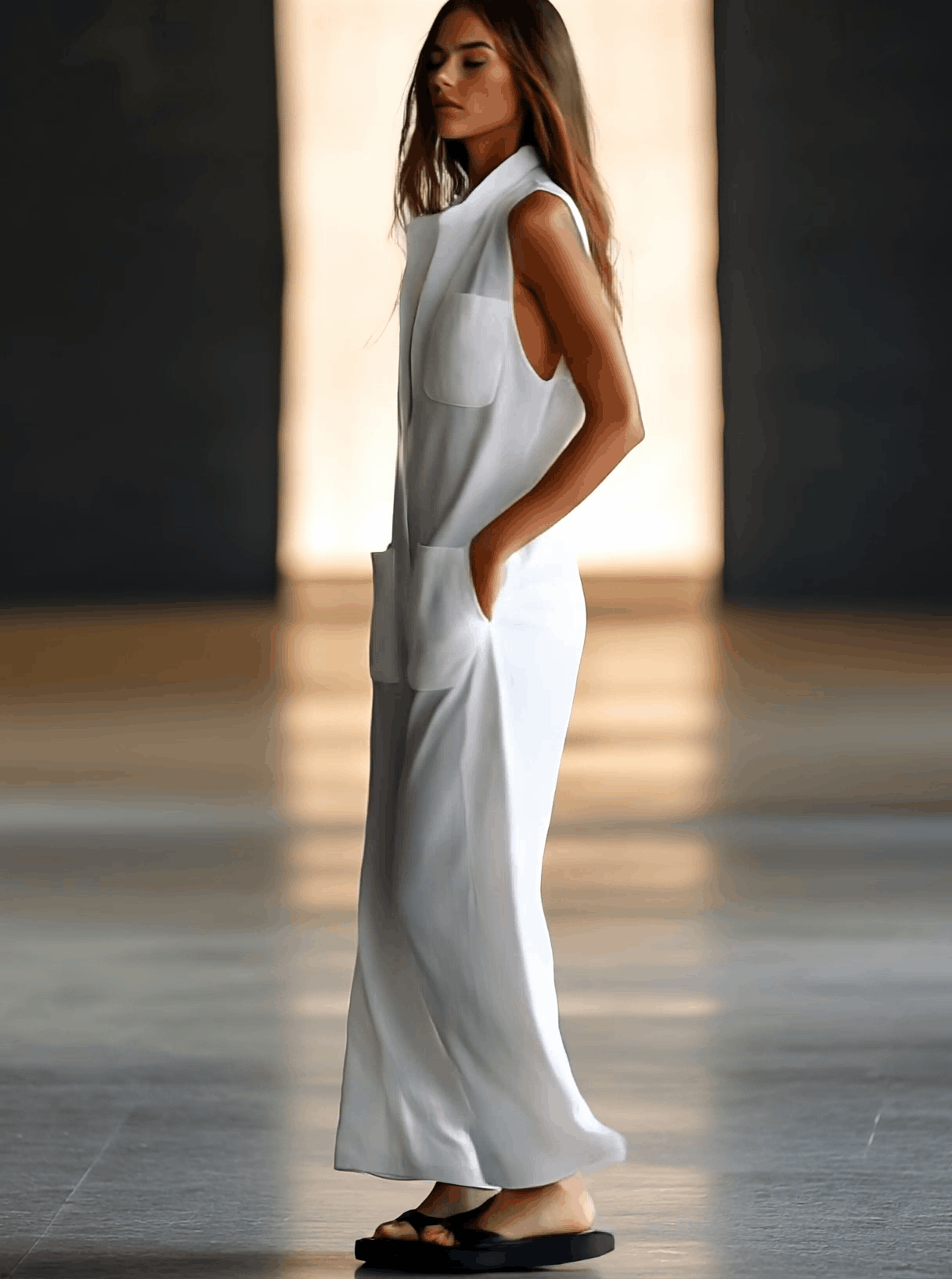 White linen sleeveless wide-leg jumpsuit for women, stylish pants by Christine Brewer, featuring a relaxed fit and elegant design.
