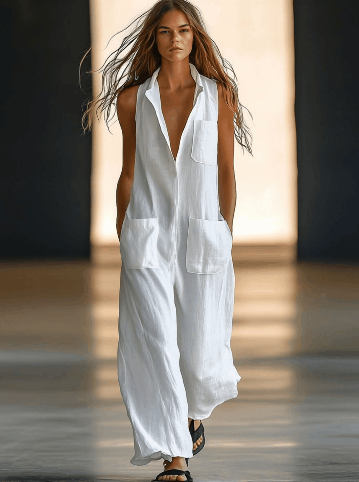 White linen sleeveless wide-leg jumpsuit for women by Christine Brewer, featuring a relaxed fit and stylish wide-leg design.