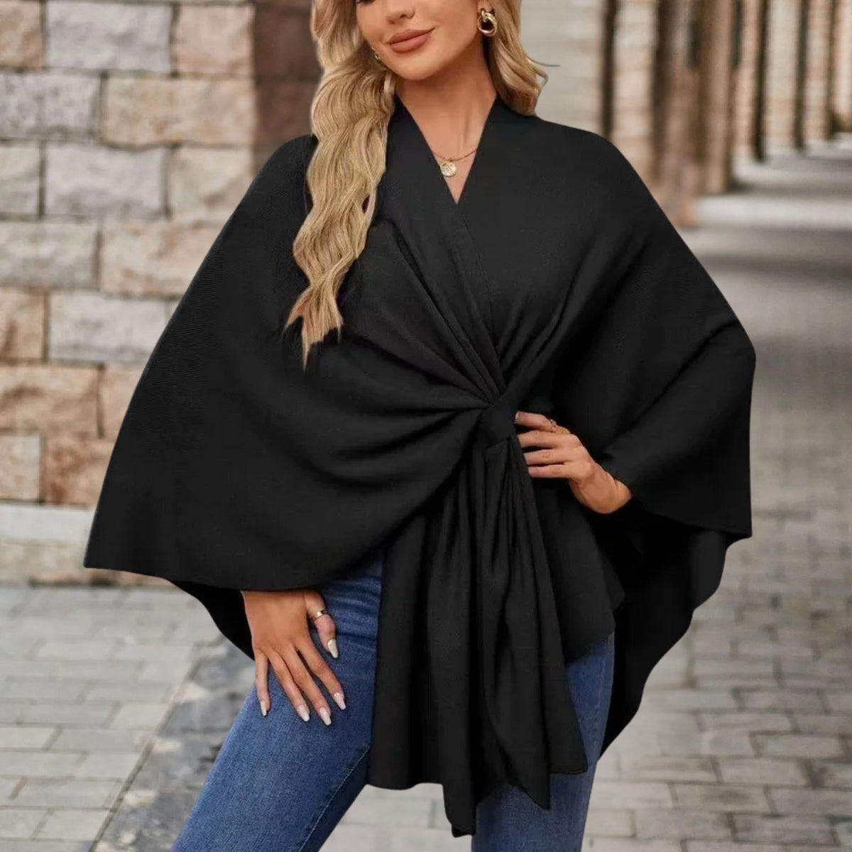 Christine Brewer Cecilia knit poncho for women, stylish top with cozy knit fabric and draped design, perfect for casual wear.