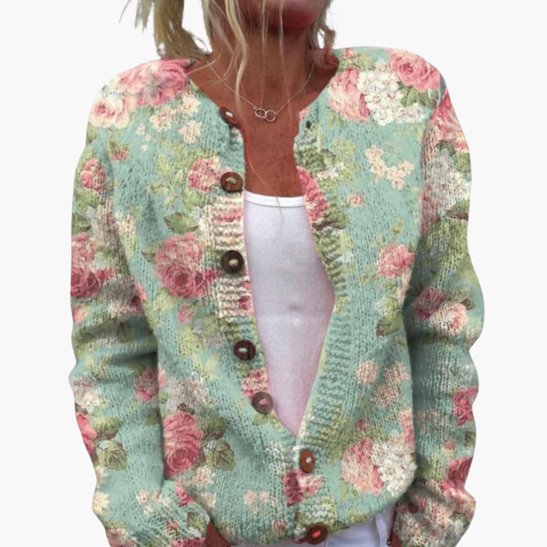 Darlene | Ribbed Floral Crew Neck Cardigan for Women