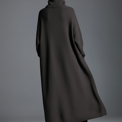 Brown knit maxi dress for women by Christine Brewer, featuring a flowing, long-sleeve design with a fitted waist and soft fabric.
