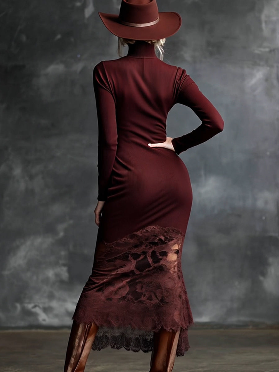 Burgundy lace maxi dress by Christine Brewer, elegant evening dress featuring intricate lace details and flowing silhouette.
