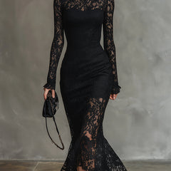 Black lace fishtail maxi dress by Christine Brewer, elegant evening dress with intricate lace details and fitted silhouette.