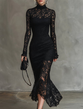 Black lace fishtail maxi dress by Christine Brewer, elegant evening dress with intricate lace details and fitted silhouette.
