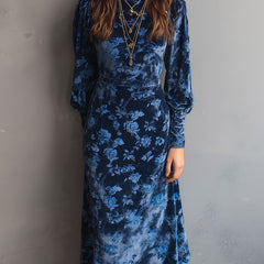 Retro rose-print velvet turtleneck midi dress by Christine Brewer, featuring a fitted silhouette and vintage-inspired floral design.