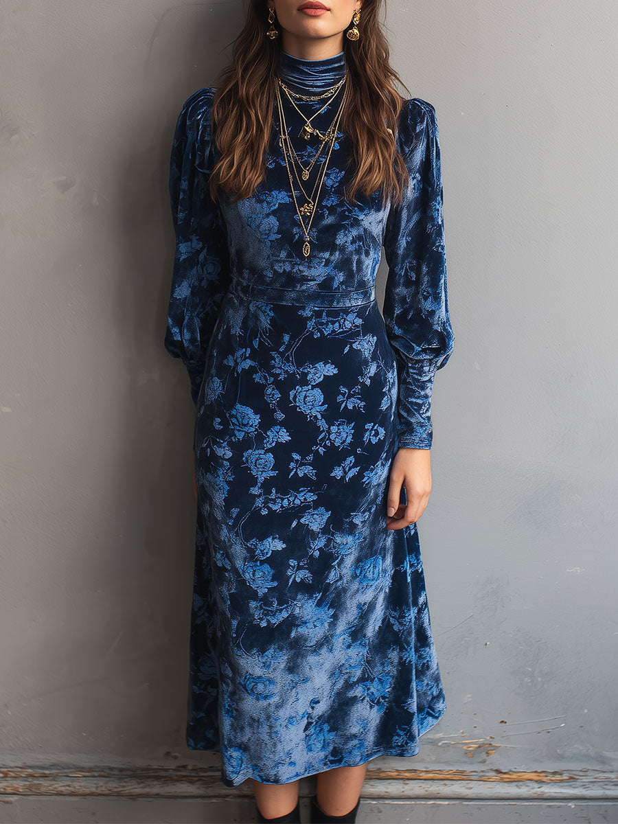 Retro rose-print velvet turtleneck midi dress by Christine Brewer, featuring a fitted silhouette and vintage-inspired floral design.