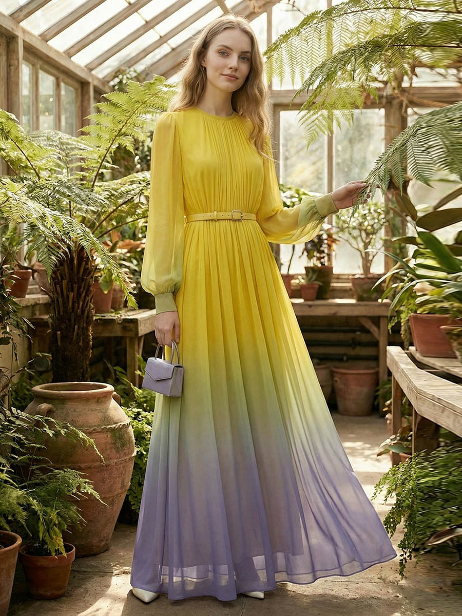 Christine Brewer high waisted maxi dress with long sleeves, belted, contrast color gradient, pleated, split-joint, round-neck design.