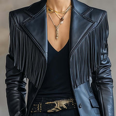 Black faux leather blazer with tassel details and notch lapel, stylish jacket from Christine Brewer in the Jackets & Blazers collection.