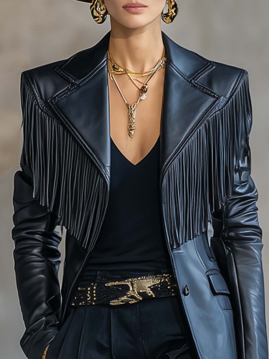 Black faux leather blazer with tassel details and notch lapel, stylish jacket from Christine Brewer in the Jackets & Blazers collection.