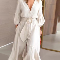 White high-low puff sleeve pleated maxi dress with lapel collar by Christine Brewer, featuring solid color and elegant design.