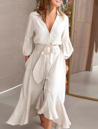 White high-low puff sleeve pleated maxi dress with lapel collar by Christine Brewer, featuring solid color and elegant design.