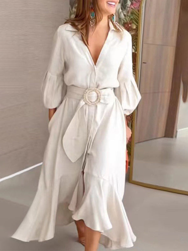 White high-low puff sleeve pleated maxi dress with lapel collar by Christine Brewer, featuring solid color and elegant design.
