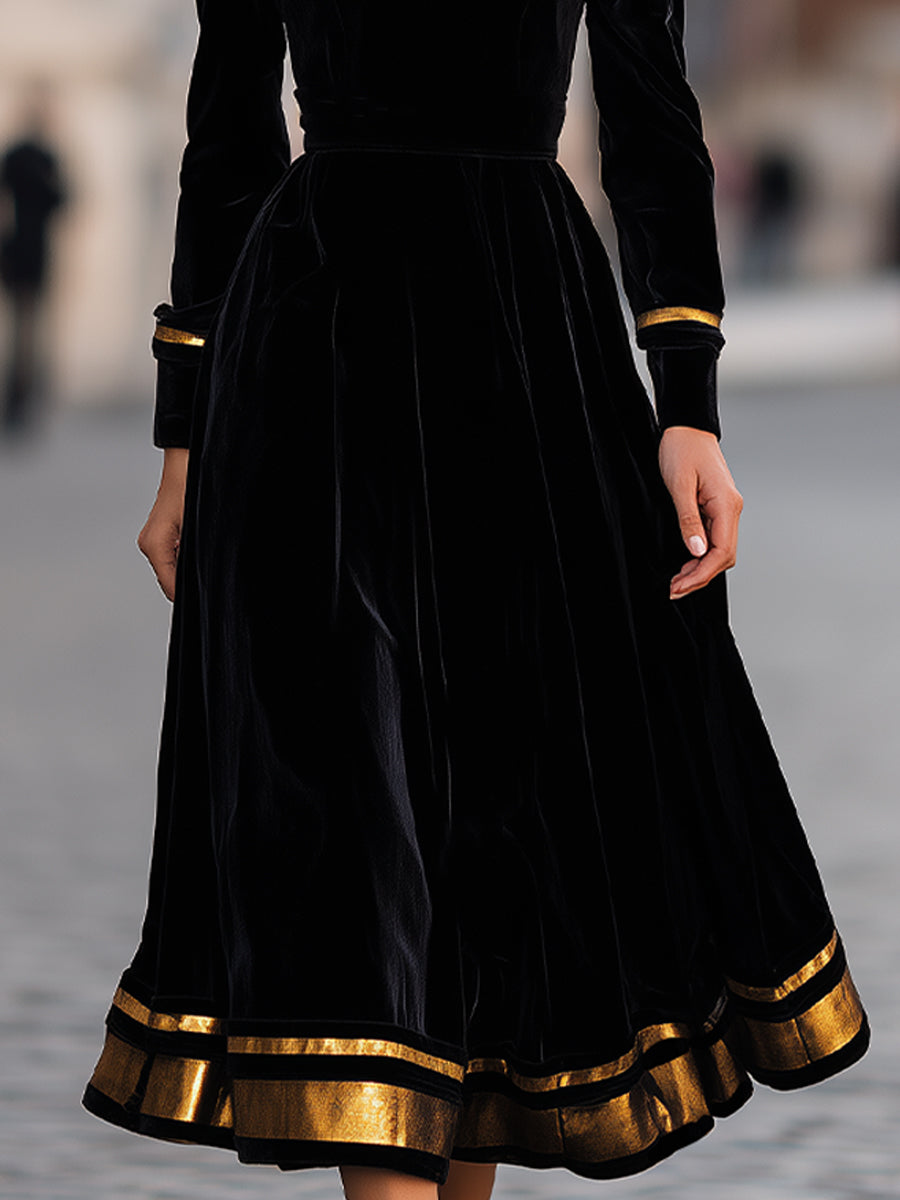 Elegant velvet midi dress with gold trim from Christine Brewer, showcasing a fitted silhouette and stylish details.