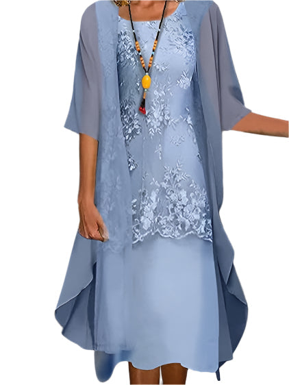 Caroline | Wedding Guest Dress Midi Dress Women Sheer Sleeve Cocktail Dress Formal Layered Flowy