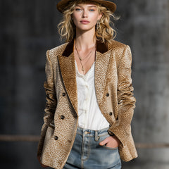 Khaki leopard print colour-block velvet blazer by Christine Brewer, shown on a hanger with visible collar and sleeve details.