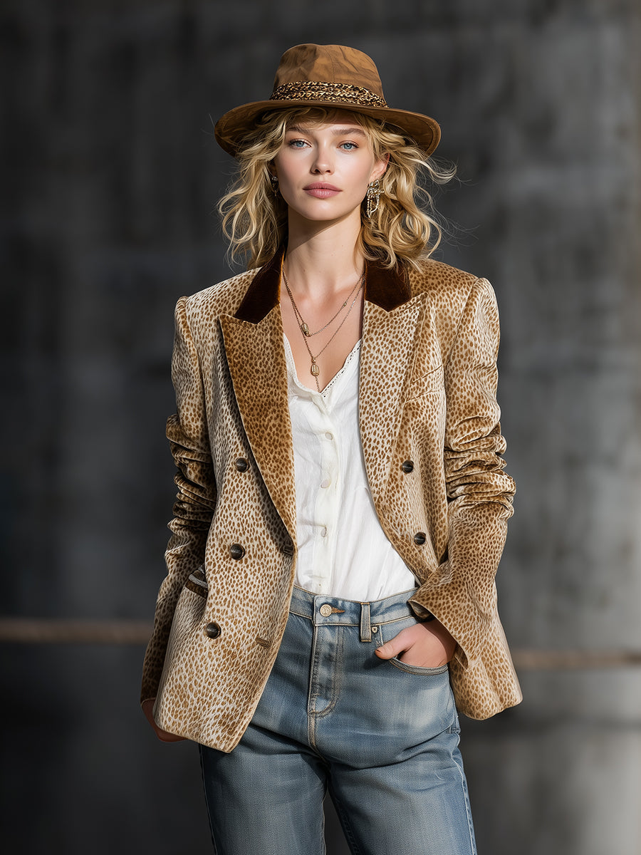 Khaki leopard print colour-block velvet blazer by Christine Brewer, shown on a hanger with visible collar and sleeve details.