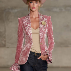 Pink contrast leopard print velvet blazer with lapel from Christine Brewer, stylish jacket featuring a bold animal print design.