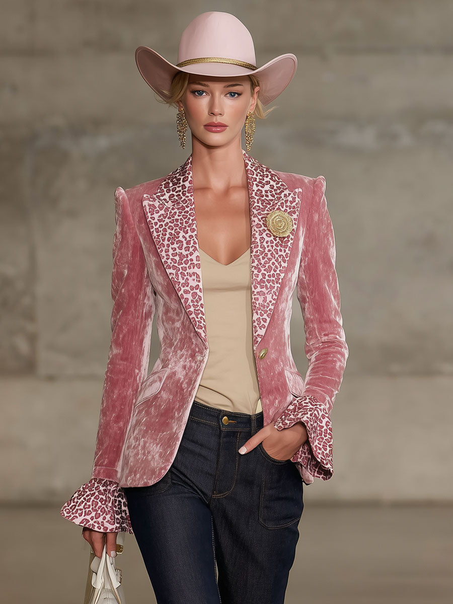 Pink contrast leopard print velvet blazer with lapel from Christine Brewer, stylish jacket featuring a bold animal print design.