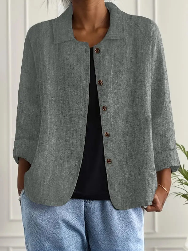 Women’s lightweight casual jacket with button front in Ella style by Christine Brewer, shown in a neutral color.