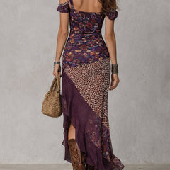 Leopard-print maxi dress for women by Christine Brewer, flowing fabric, V-neck, and long sleeves, perfect for stylish summer wear.