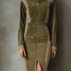Olive green zip-up contrast panel sleeveless midi dress by Christine Brewer, featuring a sleek design and stylish fit.