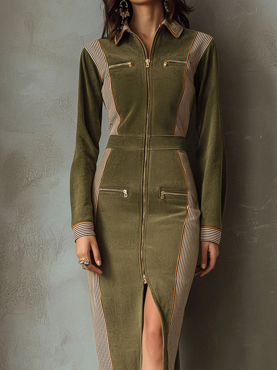 Olive green zip-up contrast panel sleeveless midi dress by Christine Brewer, featuring a sleek design and stylish fit.