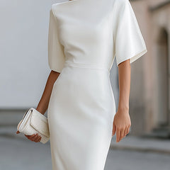 Christine Brewer boat-neck short-sleeve midi dress for women, elegant dress with a fitted waist and flowing skirt.