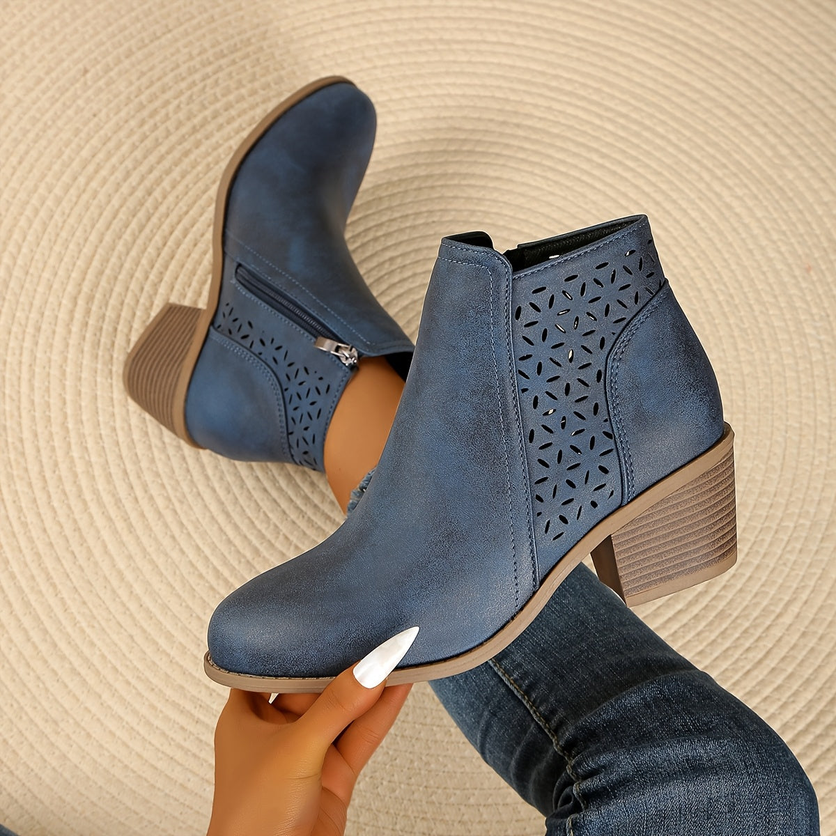 Talen | Ankle Boots Booties Women Winter Fall Laser Cut Cutout Breathable Wide Heel Heeled
