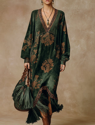 Green faux suede tassel maxi dress for women by Christine Brewer, featuring a flowing silhouette and tassel details.