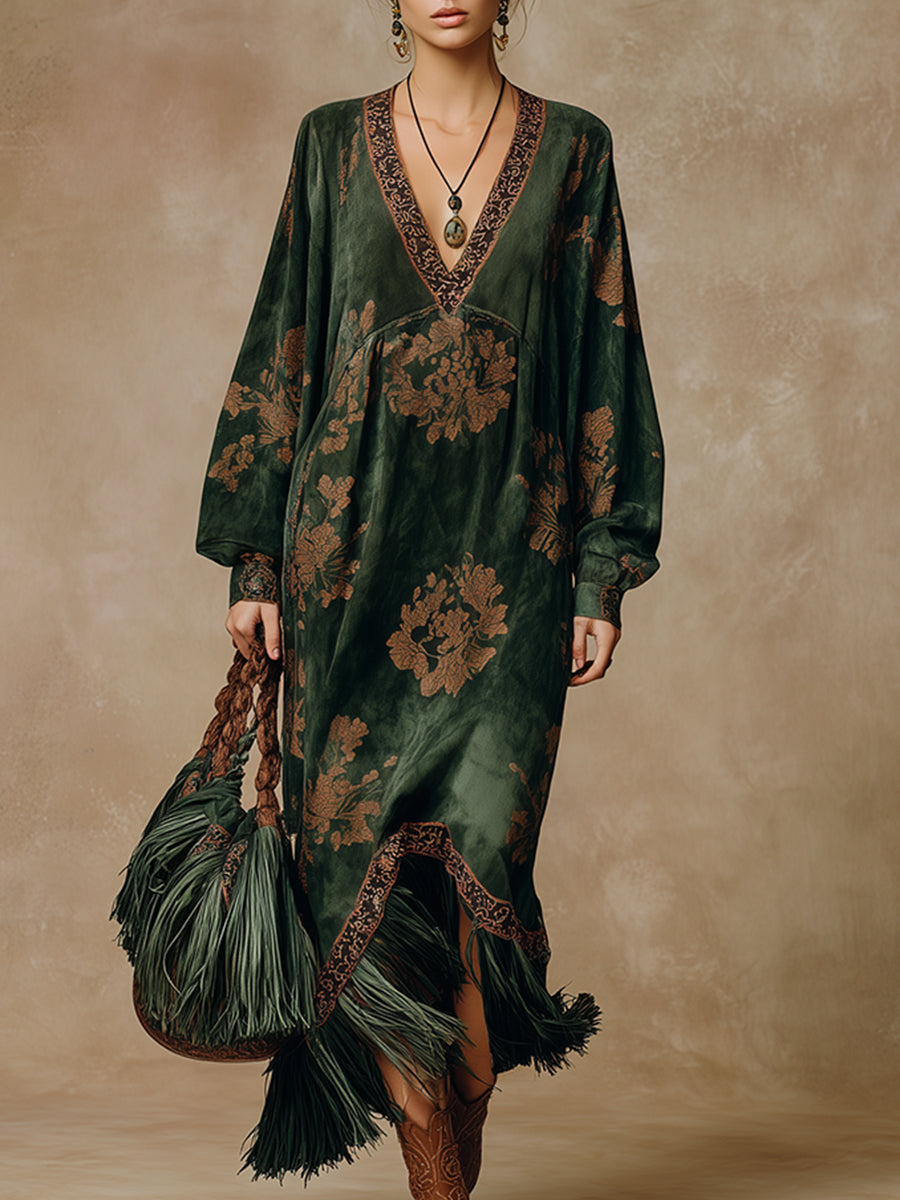 Green faux suede tassel maxi dress for women by Christine Brewer, featuring a flowing silhouette and tassel details.