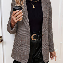 Gabriella women's plaid long sleeve casual blazer by Christine Brewer, featuring a stylish checkered pattern and tailored fit.