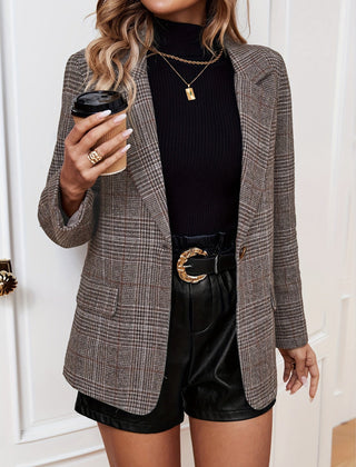 Gabriella women's plaid long sleeve casual blazer by Christine Brewer, featuring a stylish checkered pattern and tailored fit.