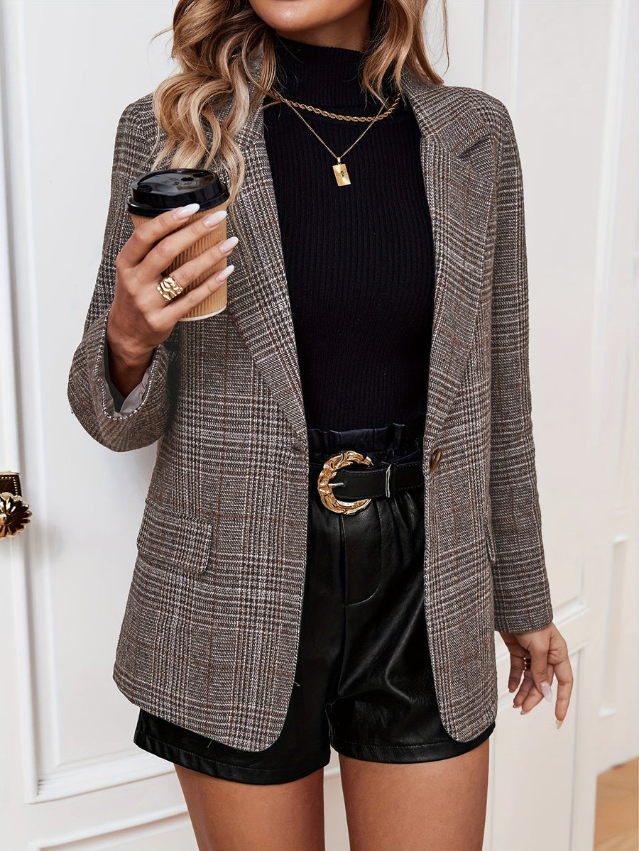 Gabriella women's plaid long sleeve casual blazer by Christine Brewer, featuring a stylish checkered pattern and tailored fit.
