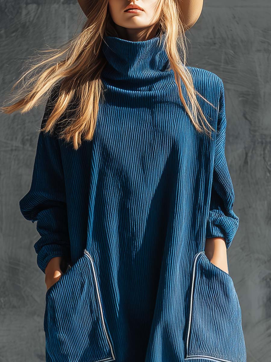 Blue corduroy midi dress by Christine Brewer, casual style with fitted bodice and flared skirt, displayed on a hanger.