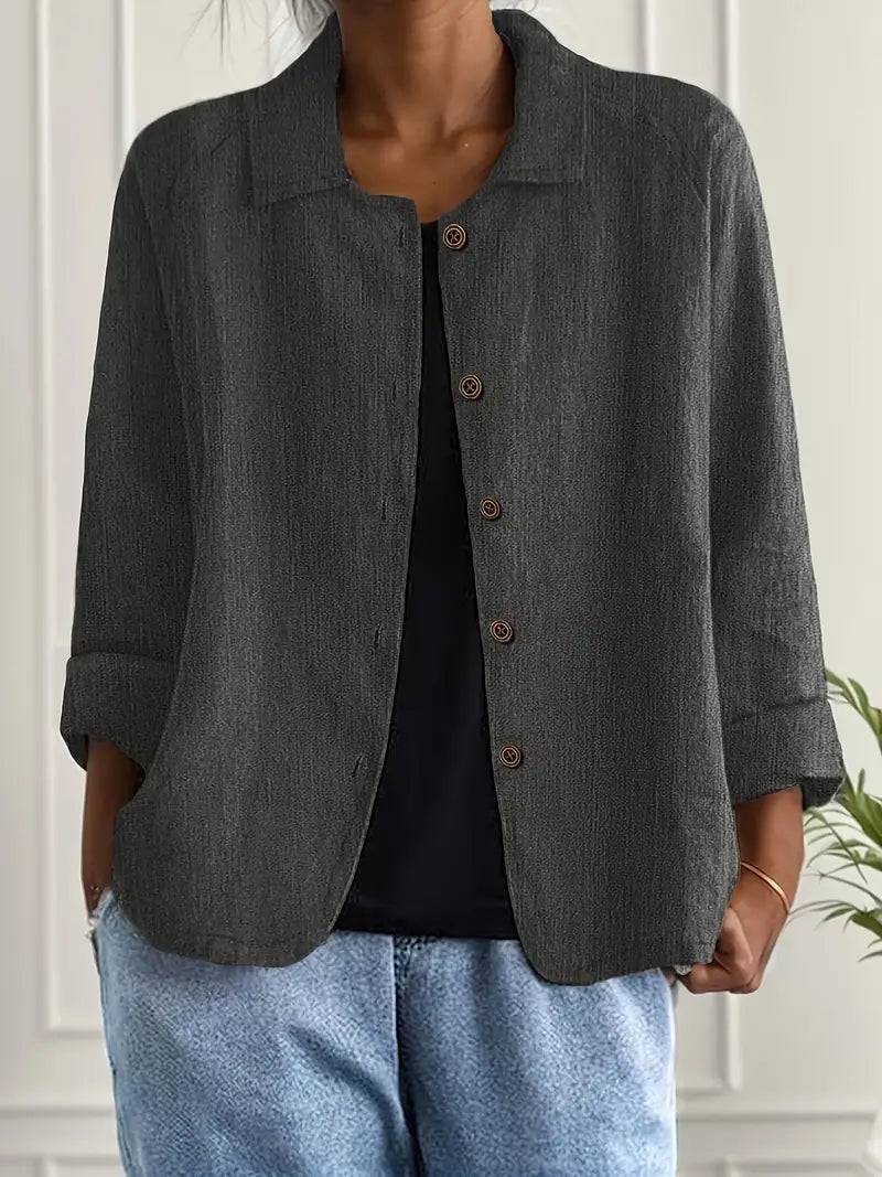Women’s lightweight casual button-front jacket by Christine Brewer, Ella, in a simple, stylish design.