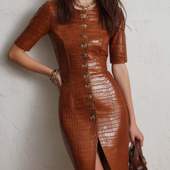 Caramel croc-embossed faux leather midi dress by Christine Brewer, featuring a fitted silhouette and stylish design.