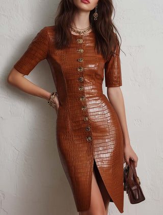 Caramel croc-embossed faux leather midi dress by Christine Brewer, featuring a fitted silhouette and stylish design.