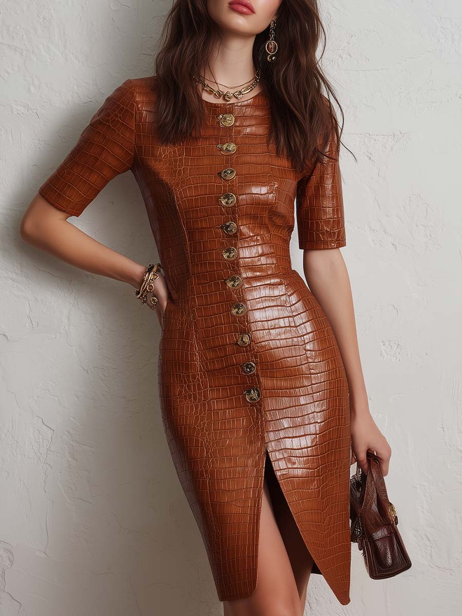 Caramel croc-embossed faux leather midi dress by Christine Brewer, featuring a fitted silhouette and stylish design.