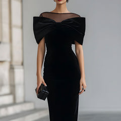 Black velvet bow midi dress for women by Christine Brewer, featuring a stylish bow detail and elegant midi length.