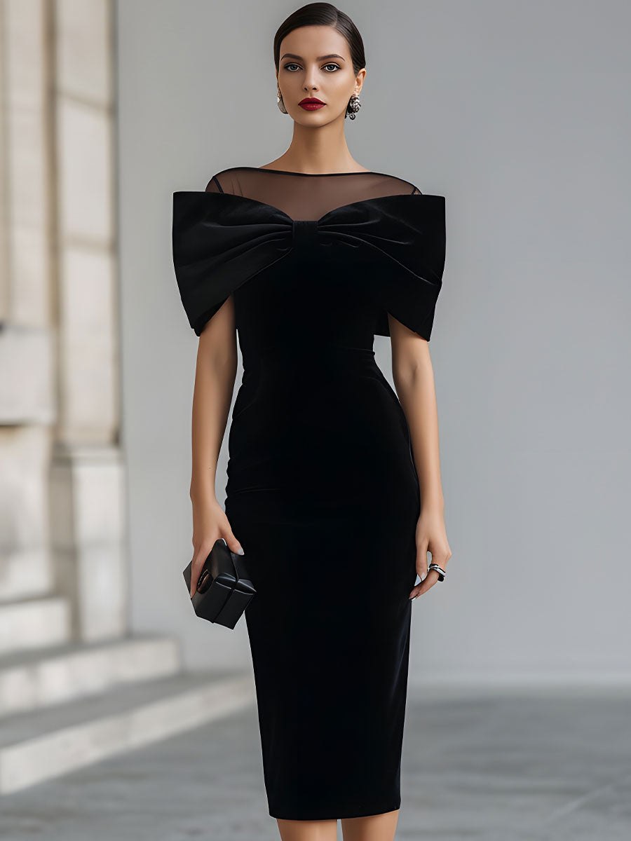 Black velvet bow midi dress for women by Christine Brewer, featuring a stylish bow detail and elegant midi length.