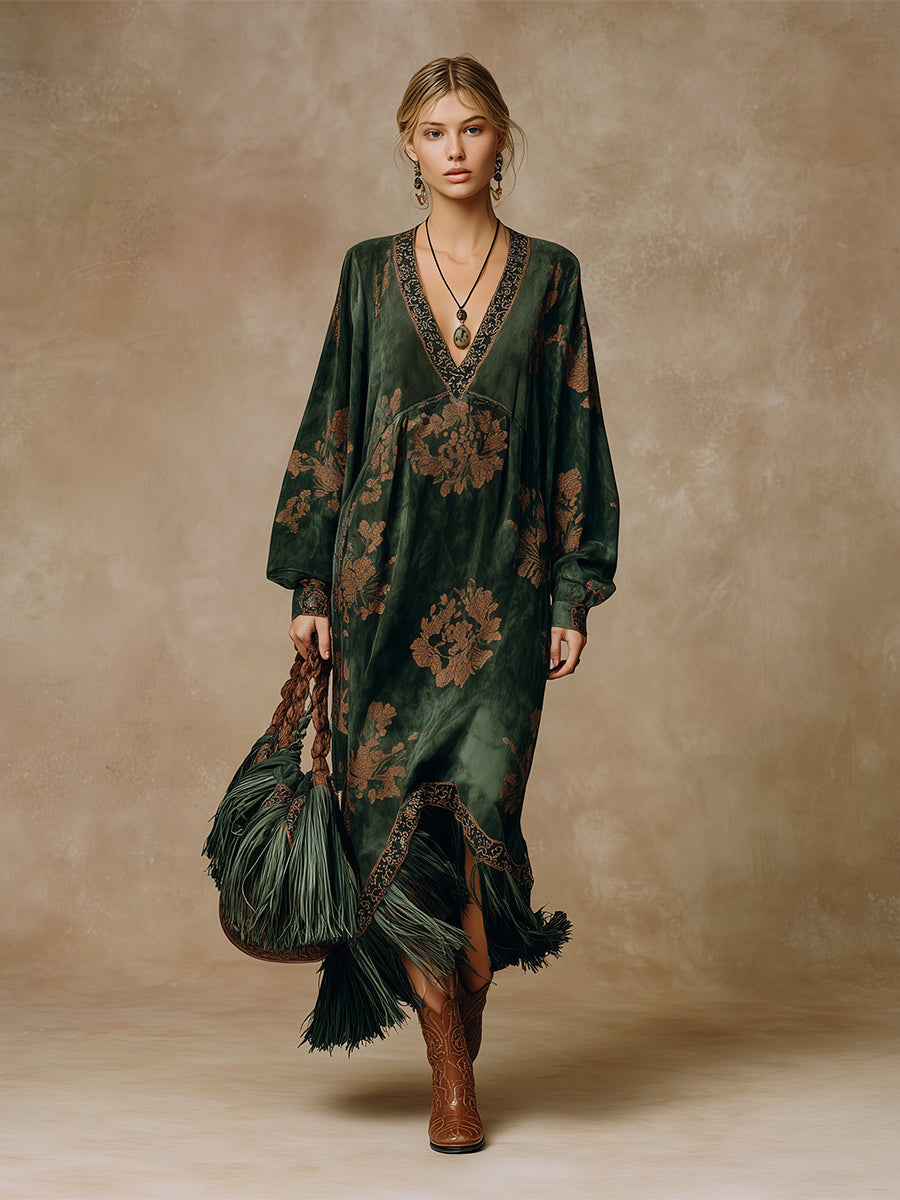 Green faux suede tassel maxi dress for women by Christine Brewer, featuring a flowing silhouette and stylish tassel details.
