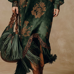 Green faux suede tassel maxi dress for women by Christine Brewer, featuring a flowing silhouette and stylish tassel details.