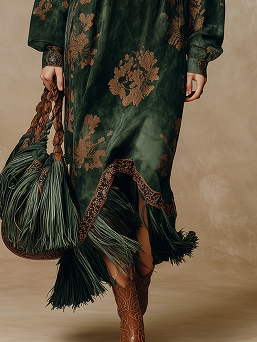 Green faux suede tassel maxi dress for women by Christine Brewer, featuring a flowing silhouette and stylish tassel details.