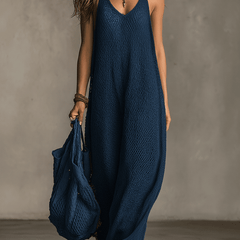 Olive green knit sleeveless maxi dress by Christine Brewer, casual style with a flowing silhouette and lightweight fabric.