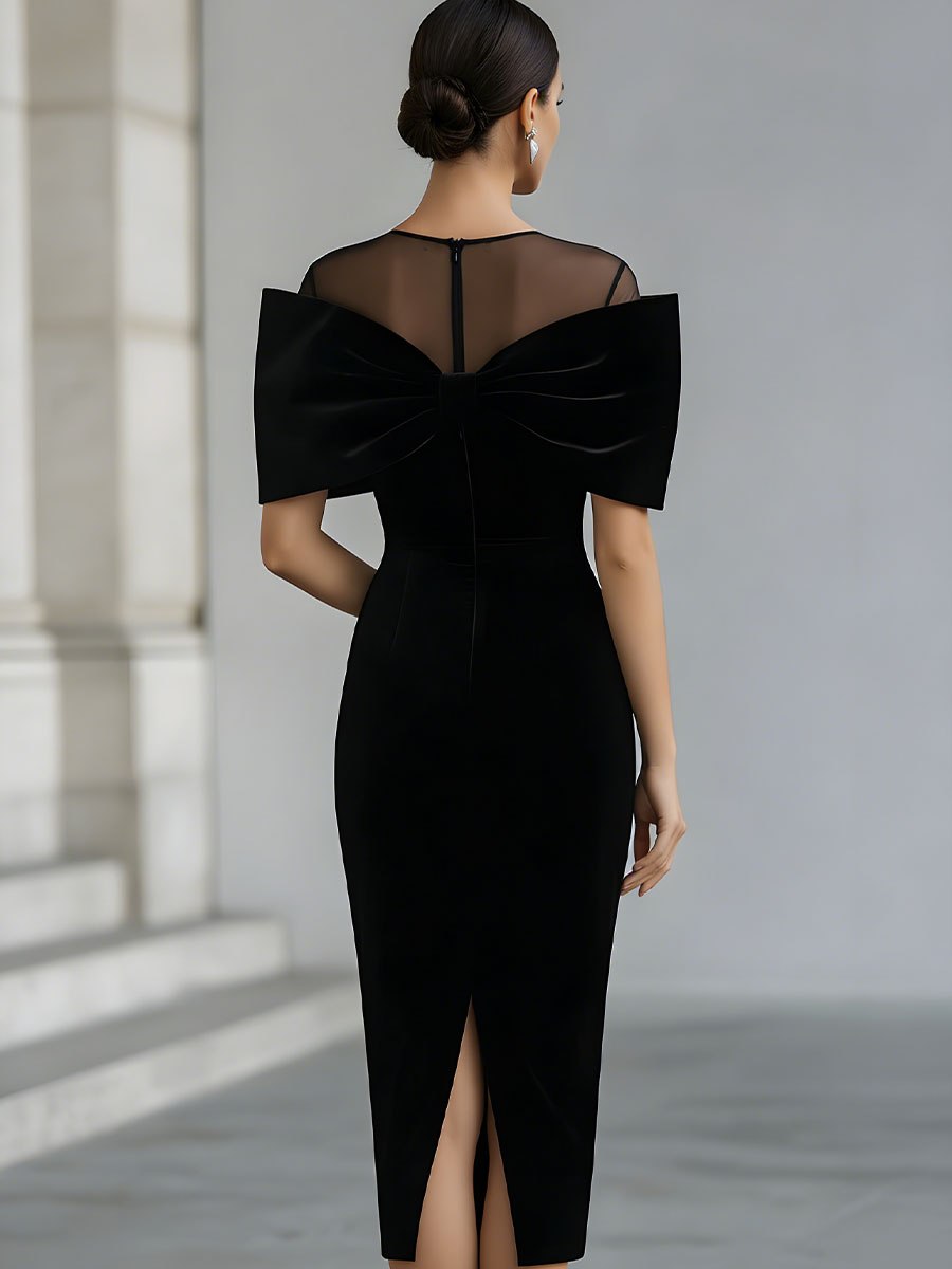 Black velvet bow midi dress for women by Christine Brewer, featuring a fitted silhouette and elegant mid-length design.