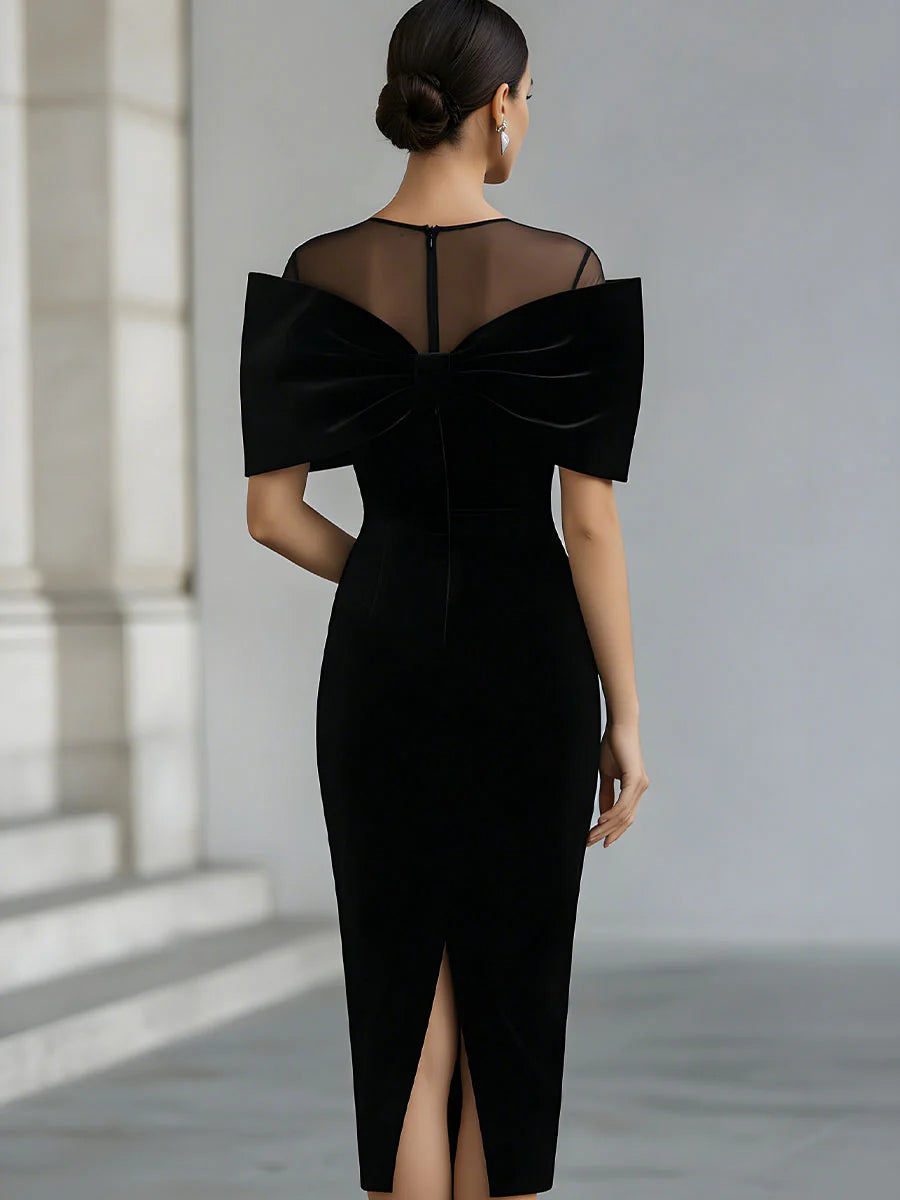 Elegant midi dress for women by Christine Brewer featuring a velvet fabric and a stylish Bardot neckline.