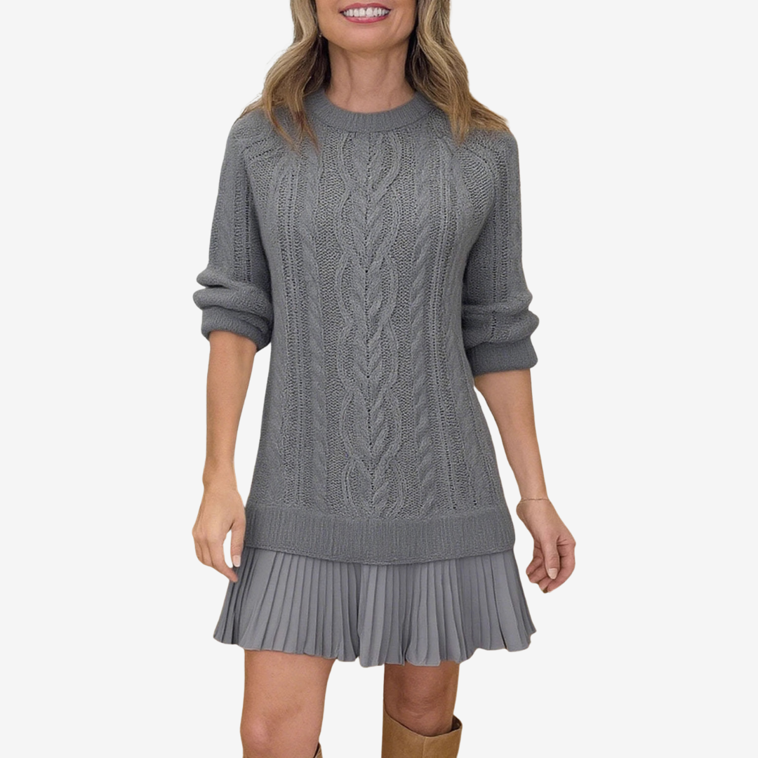Leslie knit sweater dress for women by Christine Brewer, featuring a cozy, stylish design with long sleeves and ribbed texture.