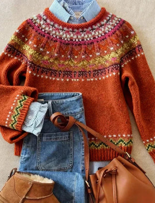Lena Nordic sweater for women by Christine Brewer, featuring a cozy knit design with traditional Nordic patterns and long sleeves.