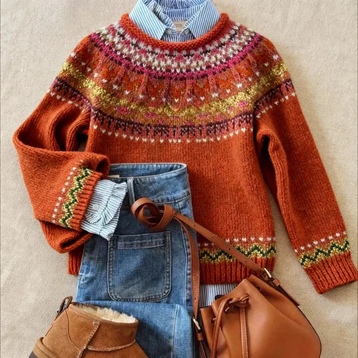 Lena Nordic sweater for women by Christine Brewer, featuring a cozy knit design with traditional Nordic patterns and long sleeves.