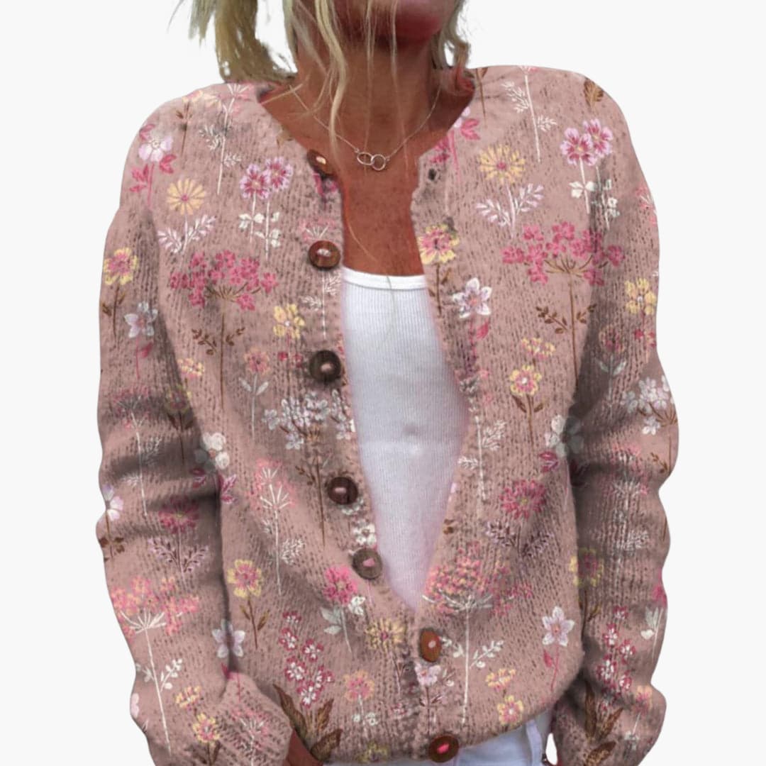 Darlene | Ribbed Floral Crew Neck Cardigan for Women